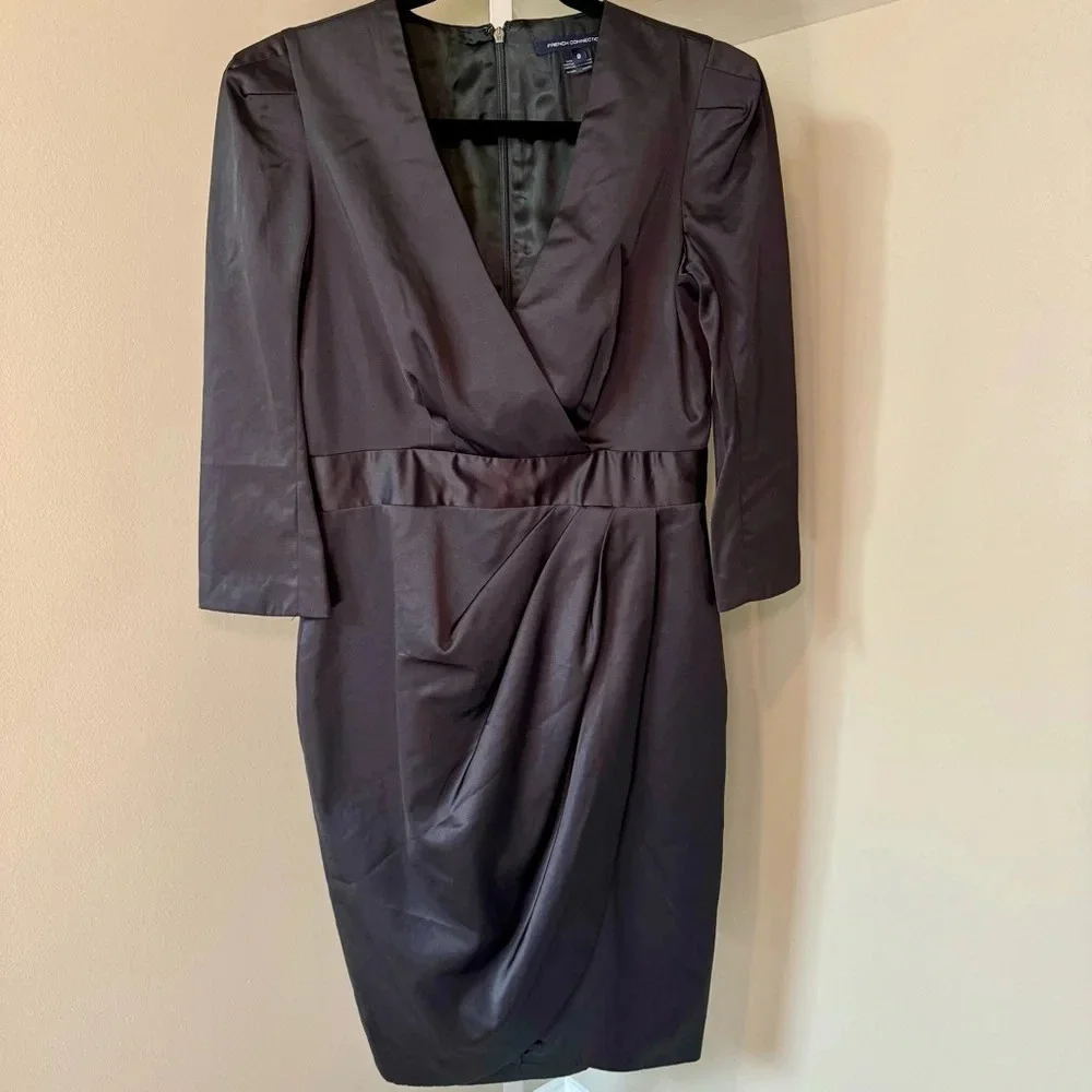 French‎ Connection Black Satiny Faux Wrap Dress 3/4 Slit Sleeve Size 8 N20
